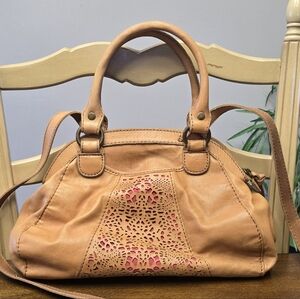 Lucky Brand Leather Satchel Handbag in Tan with Pink Lining